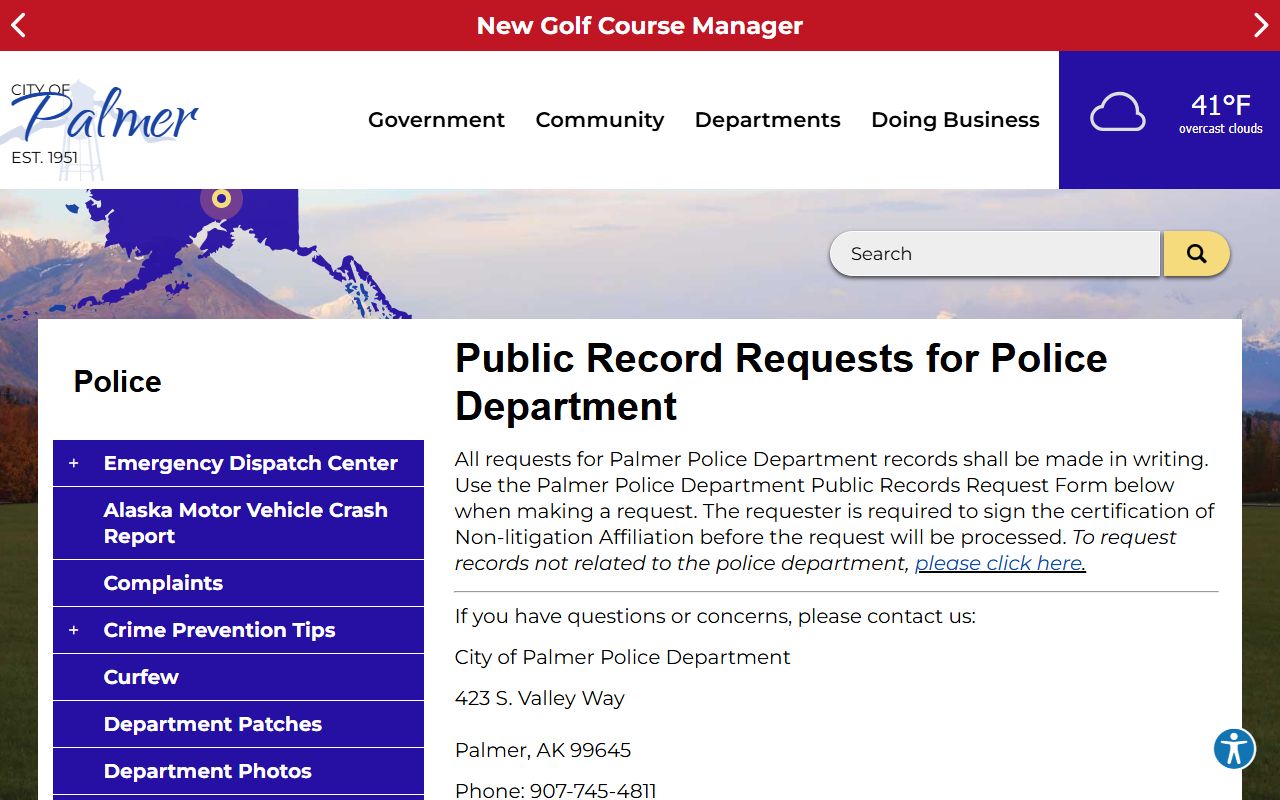 Palmer Police Department public records request page for inmate and arrest records