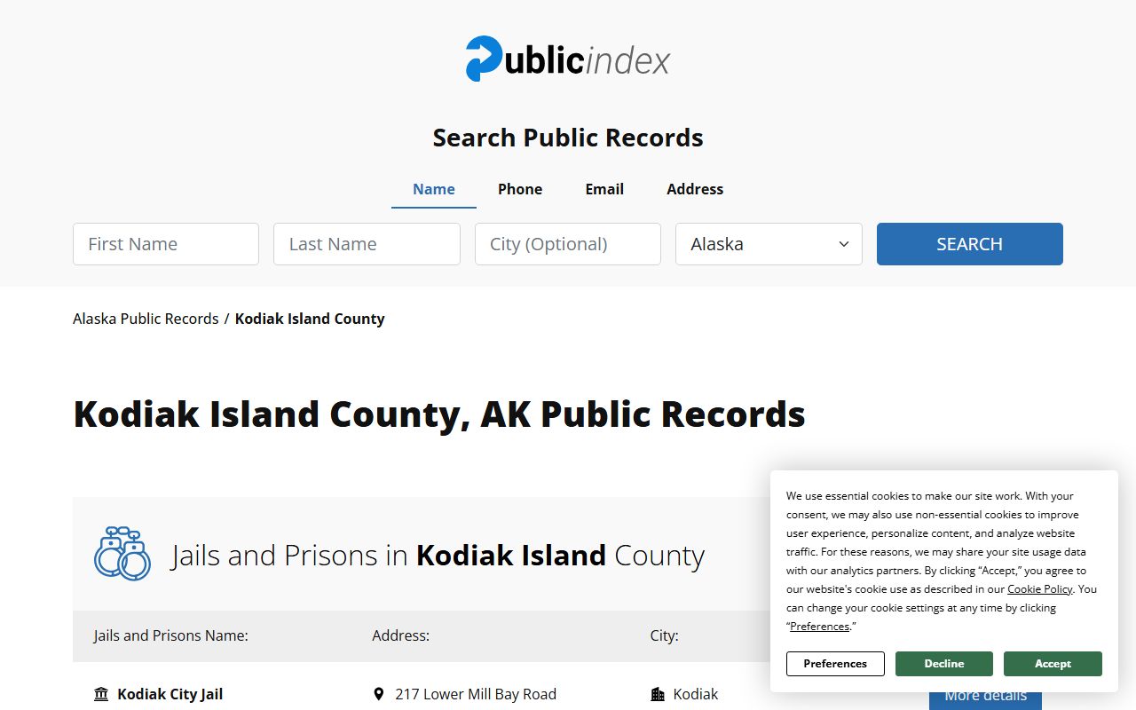 Alaska Public Index Kodiak Island Borough inmate and public records