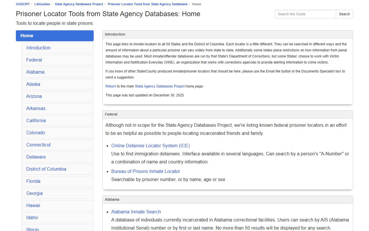 Alaska inmate population ALA state agency databases project